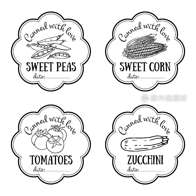 Set of vector labels with hand drawn vegetable. Black and white templates for design can be used as sticker on canned jar, farmers market, organic food store